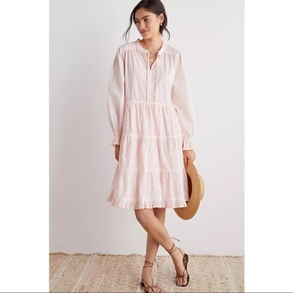 NEW Anthropologie Othilia Pink Desdemona Tiered Puffed Sleeved Mini Dress Small - Picture 1 of 4